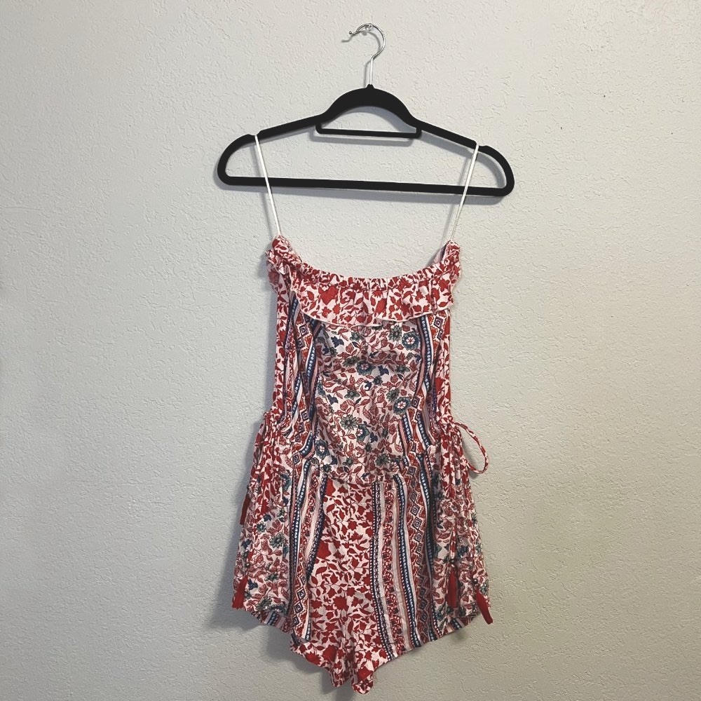 Angie | Floral Boho Tube Top Strapless Mini Romper in Red / Multicolor